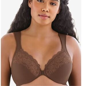 Brown Lace Trim Front-Close Wireless Bra